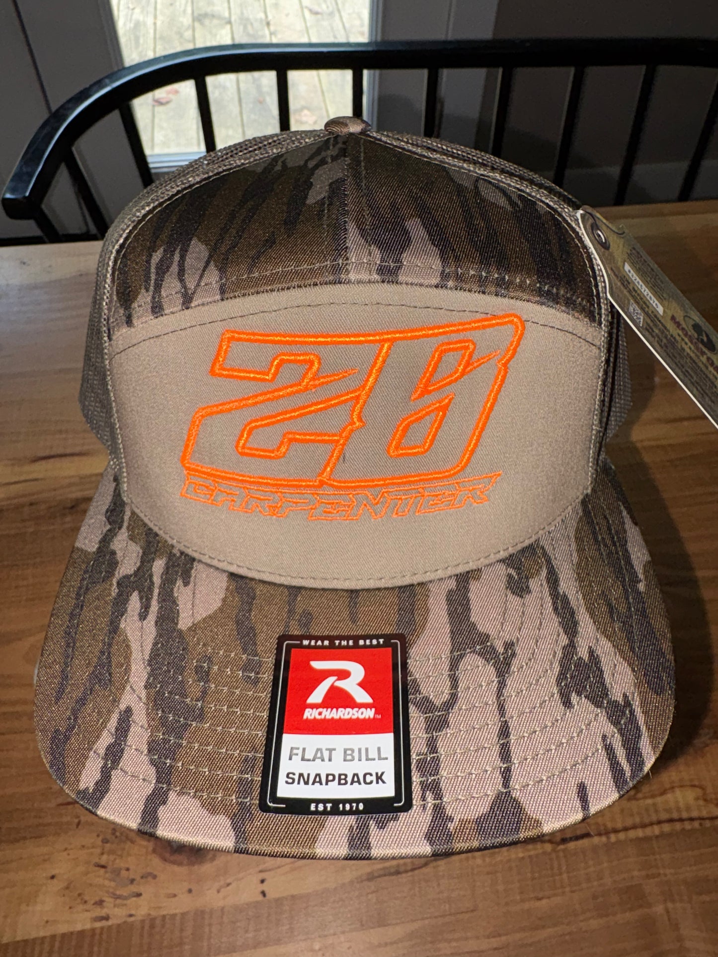 Richardson Style Flat Bill Hat Camo/Flo Orange                  3D Embroidery!